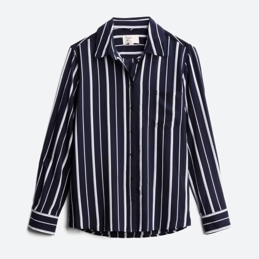 COSMIC BLUE LOVE Black w white stripe Button Down Top XXL